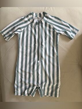 Kids Short-Sleeve Stripe Rashguard Swimsuit - Green & White